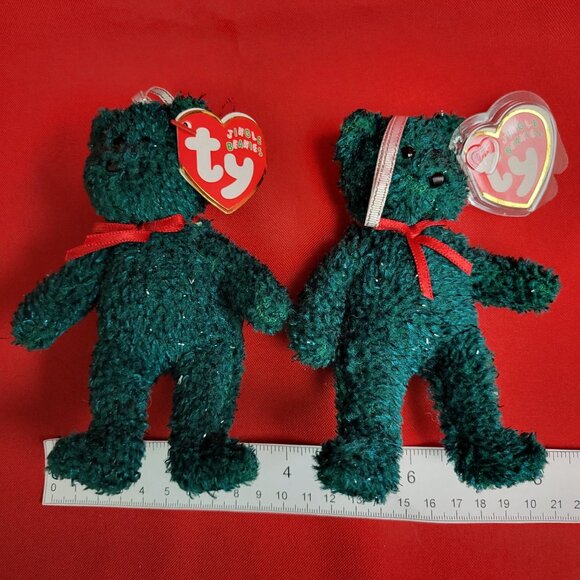 Holiday Green Teddy Ty Jingle Beanies Set of 2 Plush Christmas Ornaments 2004 - Picture 7 of 12